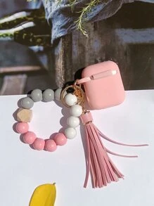Beaded Wrist Strap Keychain Case Compatible With AirPods - Pink - View 2