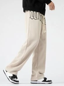 Aesthetic Post 寬鬆男款字母印花抽繩腰慢跑褲 - 杏色 - 查看 4