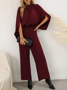 SHEIN LUNE Solid Cloak Sleeve Tie Back Jumpsuit - Burgundy - View 1