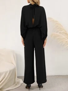 SHEIN Clasi Solid Cloak Sleeve Tie Back Jumpsuit - Black - View 2