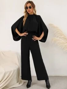 SHEIN Clasi Solid Cloak Sleeve Tie Back Jumpsuit - Black - View 4