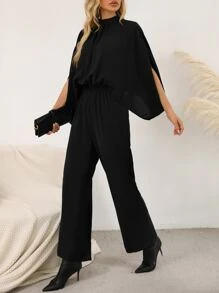 SHEIN Clasi Solid Cloak Sleeve Tie Back Jumpsuit - Black - View 6