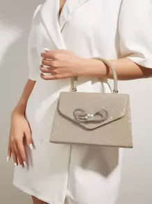 Vincy Glitter Handbag Glamorous Glitter Bling, Sequin, Luxury, Shiny Glitter Rhinestone & Bow Decor Flap Square Bag, Perfect Bride Purse For Wedding, Prom & Party Events Evening Bag, Dinner Bag For Party Girl, Woman - Champagne - View 1