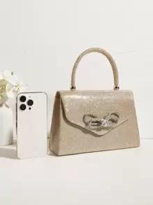 Vincy Glitter Handbag Glamorous Glitter Bling, Sequin, Luxury, Shiny Glitter Rhinestone & Bow Decor Flap Square Bag, Perfect Bride Purse For Wedding, Prom & Party Events Evening Bag, Dinner Bag For Party Girl, Woman - Champagne - View 5