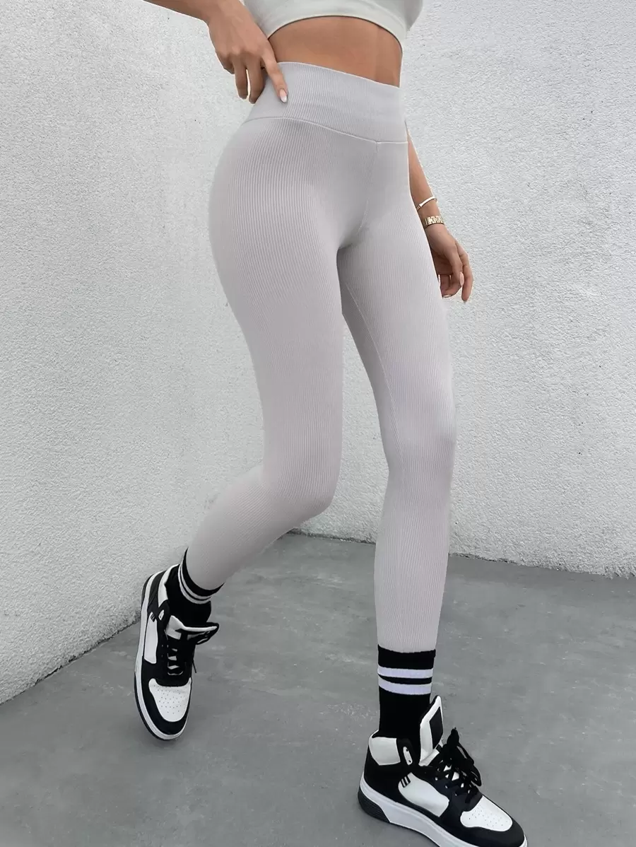 EURMUSE Solid Wideband Waist Leggings - Light Grey - View 1