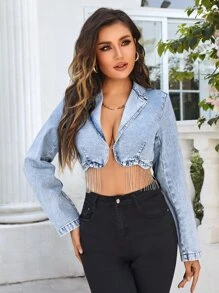 Rhinestone Fringe Hem Crop Denim Jacket - Light Wash - View 4