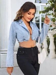 Rhinestone Fringe Hem Crop Denim Jacket - Light Wash - View 6