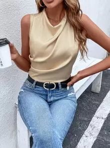 SHEIN Privé Draped Collar Sleeveless Satin Blouse - Champagne - View 2