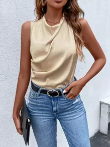 SHEIN Privé Draped Collar Sleeveless Satin Blouse - Champagne - View 5