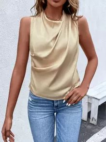 SHEIN Privé Draped Collar Sleeveless Satin Blouse - Champagne - View 6