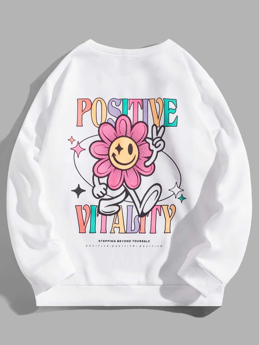 Manfinity VCAY Men Plus Floral & Slogan Graphic Drop Shoulder Sweatshirt, For Fall Winter - White - View 1
