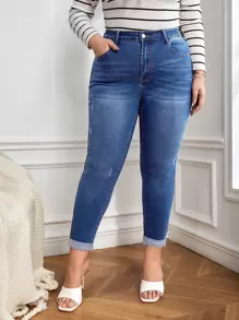 SHEIN SXY 大碼高腰破洞緊身牛仔褲 - 深色水洗藍 - 查看 1