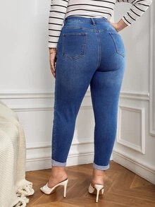 SHEIN SXY 大碼高腰破洞緊身牛仔褲 - 深色水洗藍 - 查看 2