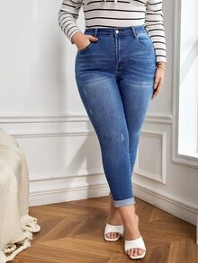 SHEIN SXY 大碼高腰破洞緊身牛仔褲 - 深色水洗藍 - 查看 3