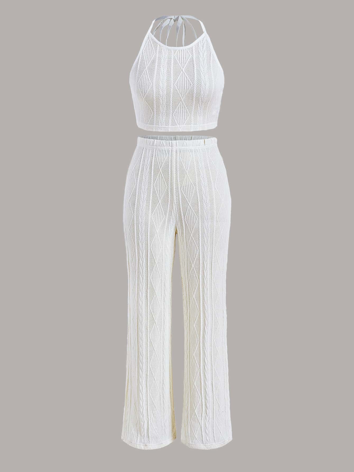 SHEIN EZwear 素色繞頸短上衣和闊腿褲 - 白色 - 查看 1