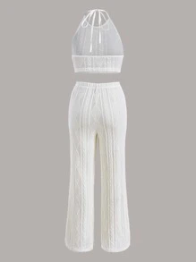 SHEIN EZwear 素色繞頸短上衣和闊腿褲 - 白色 - 查看 2