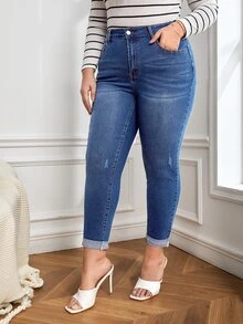 SHEIN SXY 大碼高腰破洞緊身牛仔褲 - 深色水洗藍 - 查看 4