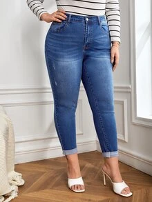 SHEIN SXY 大碼高腰破洞緊身牛仔褲 - 深色水洗藍 - 查看 5