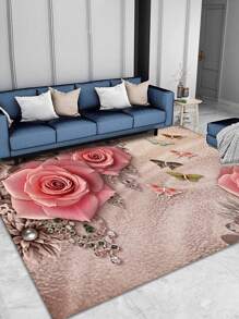 1pc Butterfly & Floral Pattern Rug, Romantic Floor Mat For Living Room, Bedroom ,Room Decor - Multicolor - View 3