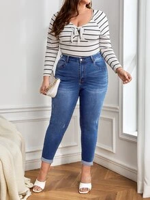 SHEIN SXY 大碼高腰破洞緊身牛仔褲 - 深色水洗藍 - 查看 6