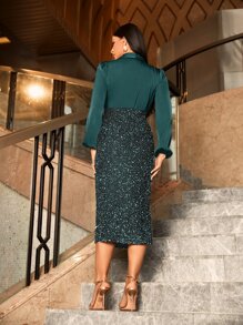 Modelyn Surplice Neck Lantern Sleeve Split Hem Sequins Dress - Dark Green - View 2