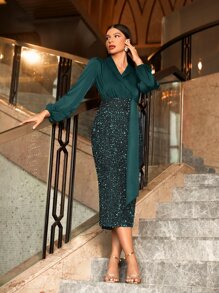 Modelyn Surplice Neck Lantern Sleeve Split Hem Sequins Dress - Dark Green - View 3