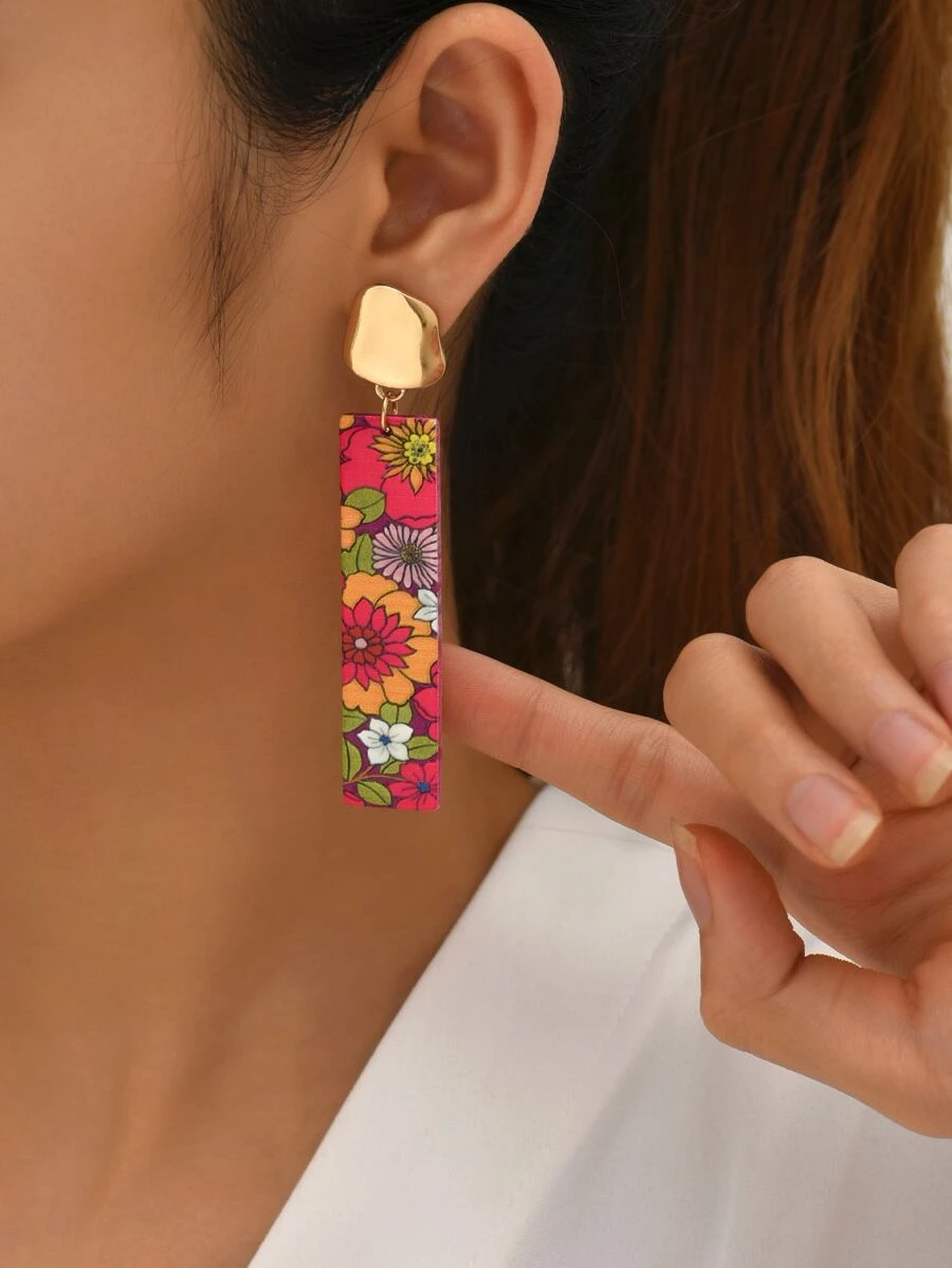 Bông tai thả hình chữ nhật hoa văn - Nhiều màu - Xem 1