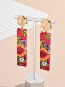 Bông tai thả hình chữ nhật hoa văn - Nhiều màu - Xem 2