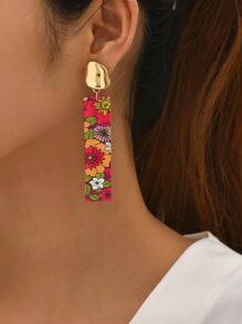 Bông tai thả hình chữ nhật hoa văn - Nhiều màu - Xem 3