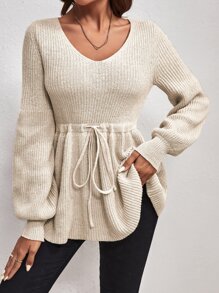 SHEIN Clasi 腰部抽繩燈籠袖套頭毛衣 - 杏色 - 查看 3