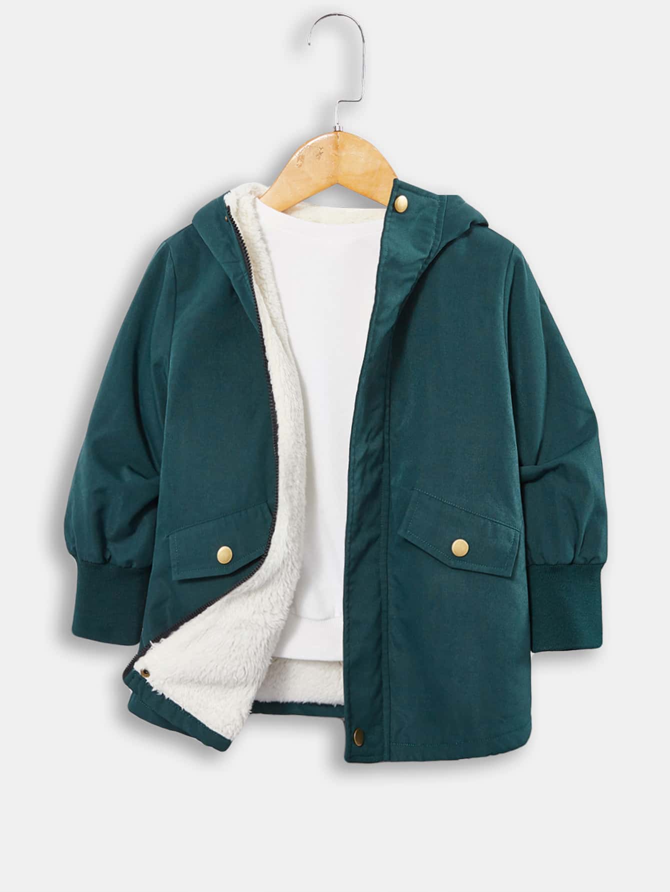 SHEIN 小男童翻蓋細節連帽外套 - 墨綠色 - 查看 1