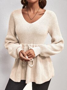 SHEIN Clasi 腰部抽繩燈籠袖套頭毛衣 - 杏色 - 查看 4