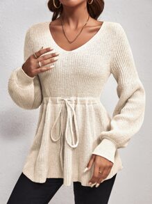 SHEIN Clasi 腰部抽繩燈籠袖套頭毛衣 - 杏色 - 查看 5