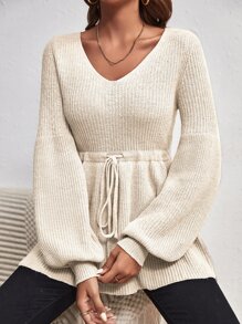 SHEIN Clasi 腰部抽繩燈籠袖套頭毛衣 - 杏色 - 查看 6