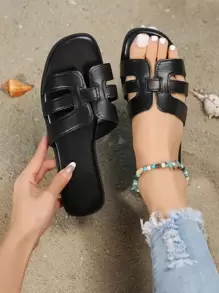 女式編織細節拖鞋優雅黑色拖鞋 - 黑色 - 查看 1