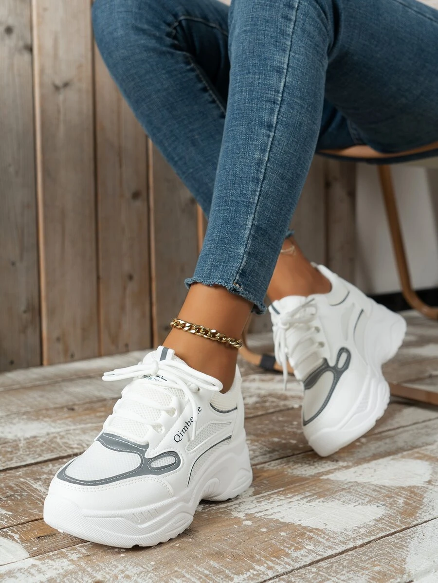 Letter Graphic Lace-up Front Wedge Sneakers - White - View 1