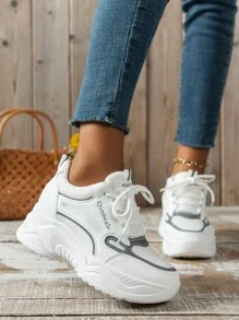 Letter Graphic Lace-up Front Wedge Sneakers - White - View 3