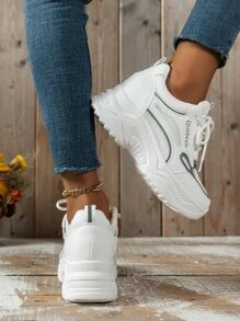 Letter Graphic Lace-up Front Wedge Sneakers - White - View 4