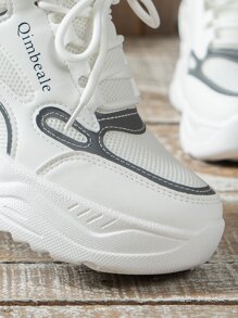 Letter Graphic Lace-up Front Wedge Sneakers - White - View 6