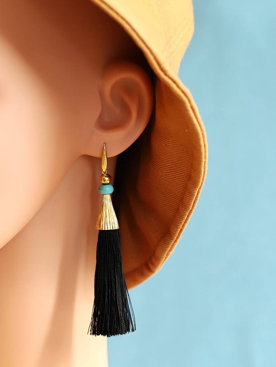 Tassel Drop Earrings - Black - View 1