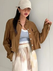 DAZY Flap Pocket Drop Shoulder Crop Shirt - Brown - View 8