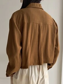 DAZY Flap Pocket Drop Shoulder Crop Shirt - Brown - View 2
