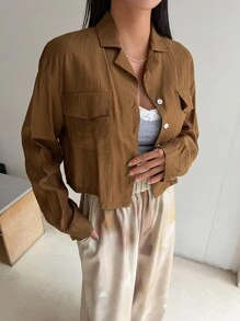DAZY Flap Pocket Drop Shoulder Crop Shirt - Brown - View 3