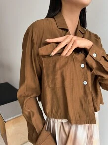 DAZY Flap Pocket Drop Shoulder Crop Shirt - Brown - View 4