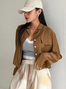 DAZY Flap Pocket Drop Shoulder Crop Shirt - Brown - View 5