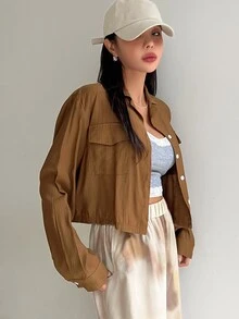 DAZY Flap Pocket Drop Shoulder Crop Shirt - Brown - View 7