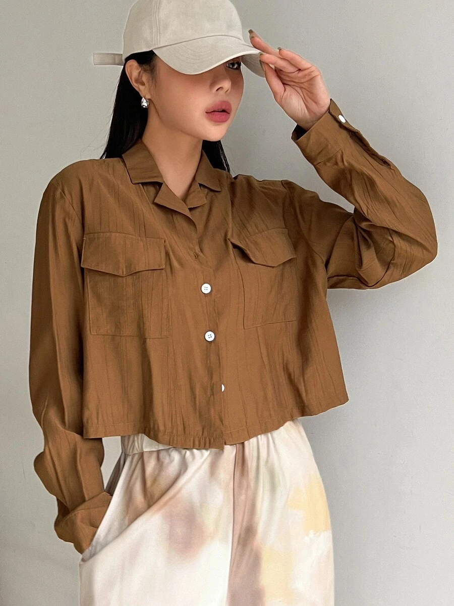 DAZY Flap Pocket Drop Shoulder Crop Shirt - Brown - View 1