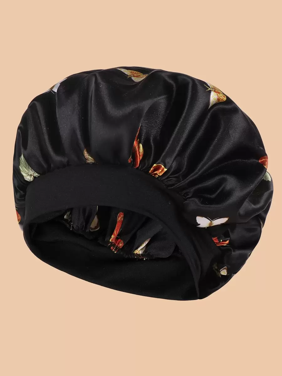 蝴蝶圖案絲質護髮帽，緞面護髮帽 - 黑色 - 查看 1