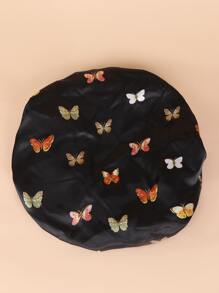 蝴蝶圖案絲質護髮帽，緞面護髮帽 - 黑色 - 查看 2