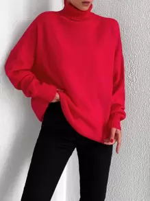 EURMUSE Turtleneck Drop Shoulder Jumper - Red - View 1
